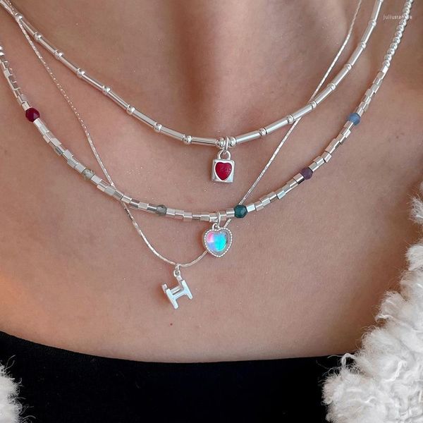 Collane con ciondolo Minar Insolito Più Colore Rosso Smalto Opale Cuore Per Le Donne Collana Girocollo Con Lettera Di Perline D'argento