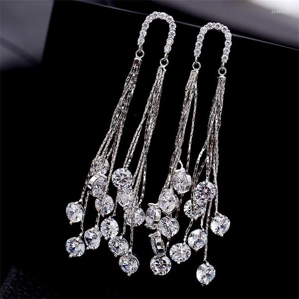 Brincos de garanhão nobre tassel estilo micro cúbico zircônia pavimentada longa grande festa noturna para mulheres jóias de casamento agulha de prata