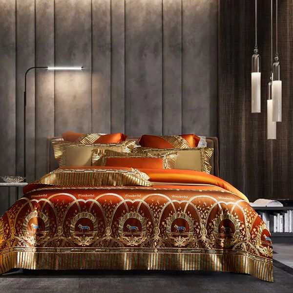 Наборы постельных принадлежностей роскошные золотые лошадь кружевная вышивка на комплект бамбукового волокна хлопковое мягкое уютное уютное стеганое одеяло.