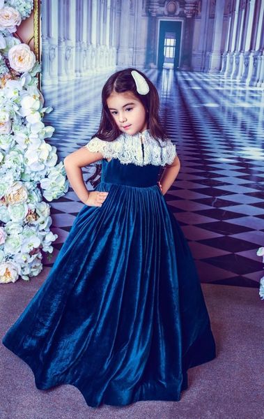 2023 adoráveis ​​meninas de flores vestidos de veludo azul royal bordas vestido de bola de cristal vestido de aniversário de longa comunhão