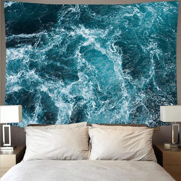 Taquestres azuis ondas oceânicas ondas de tapeçaria nuvens de pôr do sol Nature Art Wall Holding Ploth Cushion Border Blanket Boho Decoração