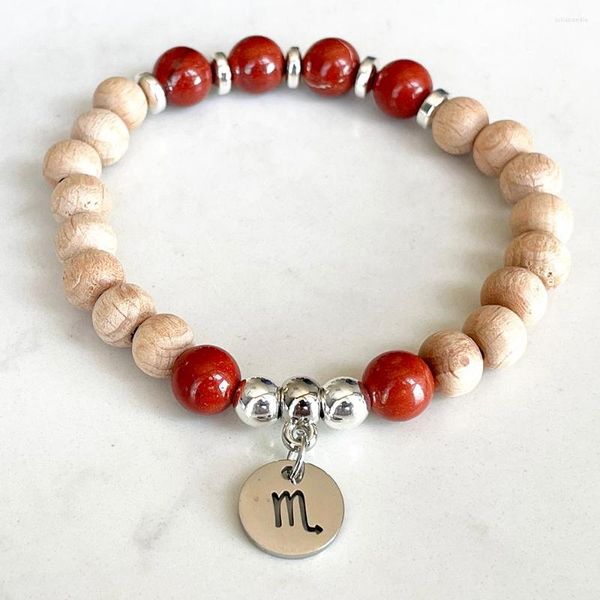 Link Bracciali MG1734 Design Scorpio Zodiac Bracciale per donna 8 MM Woodbaeds Red Jasper Chakra Polso Mala Gioielli fatti a mano con pietre preziose