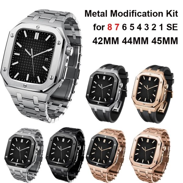 Mod kit de modificação de aço inoxidável com estojo para Apple Watch Band 8 45mm iWatch Series 7 6 5 SE 44mm pulseira de relógio de metal nobre de luxo