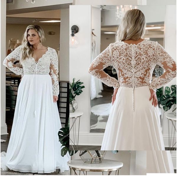 Plus Size Hochzeitskleid Langarm Bodenlang Chiffon Spitze Applikationen Brautkleid Robe De Mariee Einfache große elegante Robe