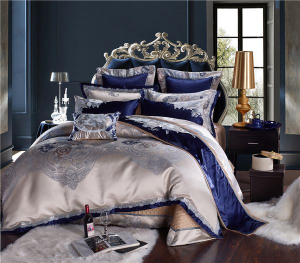Наборы постельных принадлежностей 4 6 10 шт. Голубое серебро роскошное американское королевское размер хлопковой кровать с плоской кроватью.