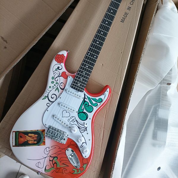 6 cordas guitarra elétrica vermelha com padrões de flores SSS captadores personalizáveis ​​do braço de pau -rosa personalizável