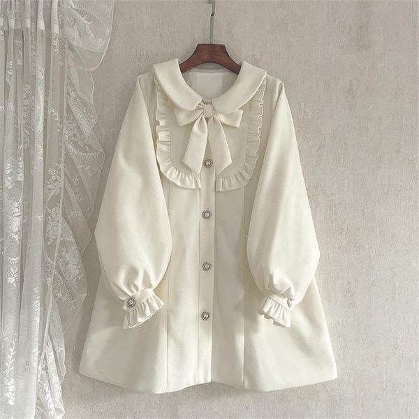 Damenwolle Mischung Einbrasten Puffärmel süßer eleganter Wollmantel Frauen Jacke Bowknot Lolita Doll Kragen Außenbekleidung Korean Mode Kleidung 221129