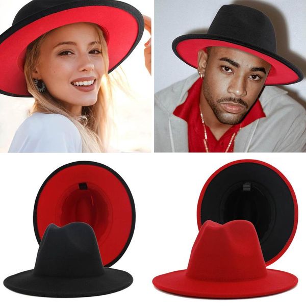 Berets 2022 Unisex Black Red Patchwork Wool Fedora Cap Men Women Flat Brim Blend Top Jazz Hats Panama Trilby Vintage Hat