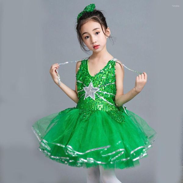 Stage Wear Girls Green Paillettes Pettiskirt Princess Dancing Dress Show Salsa Cha Samba Tango Ballroom Latin For Kids Tutu di balletto