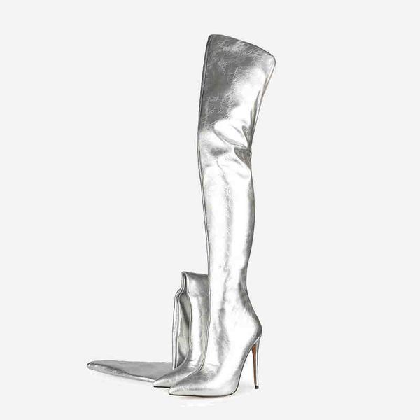 Stiefel Damen Overknee High Pointed Toe Stilettos Heels Back Zipper Silver Burgundy Oberschenkel 220906