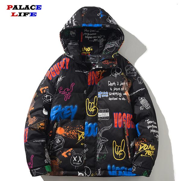 Mens Down Parka Jacket Uomo Winter Full Graffiti Cappotto antivento con cappuccio Streetwear Coppia oversize Hip Hop Black Woman 221129