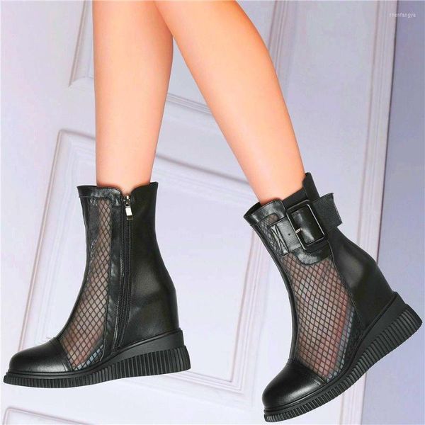 Sandalen Sommer Damen Echtes Leder Runde Zehen Stiefeletten Versteckter Keil High Heel Oxfords Party Pumps Militär Motorradstiefel