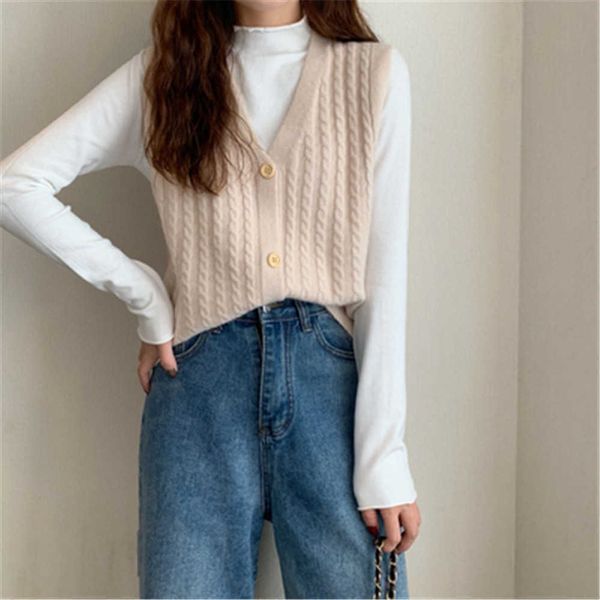 Frauen Pullover 2021 Neue Herbst Lose Ärmellose Gestrickte Weste Weibliche Oberbekleidung Vhals Einreiher Kamel Pullover Weste Für Frauen J220915