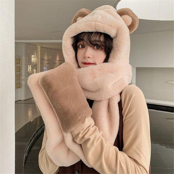 Berretti Moda Inverno Donna Orso Berretti Orecchie Berretti Cappello caldo Sciarpa di peluche casual Guanti Set Pelliccia sintetica