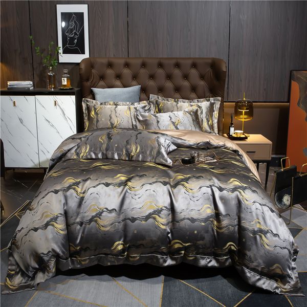 Bedding Sets Luxury Grey Grey Gold Yarndyed Jacquard Conjunto de algodão egípcio Cetim Brocade Duvet Capa de cama de cama de lençóis Filmes de folha 4pcs 221129