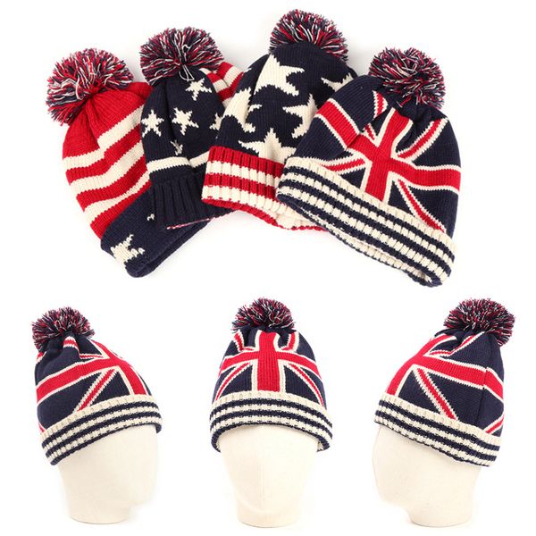 Uomo Inverno Pom Poms palla Berretto lavorato a maglia per donna Unisex Casual Cappelli bandiera nazionale britannica e americana Skullies Beanie cappello Gorros