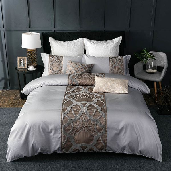 Set di biancheria da letto Lenzuolo bianco grigio Federa Copripiumino Lusso anni '60 Cotone egiziano matrimoniale king size lino 221129