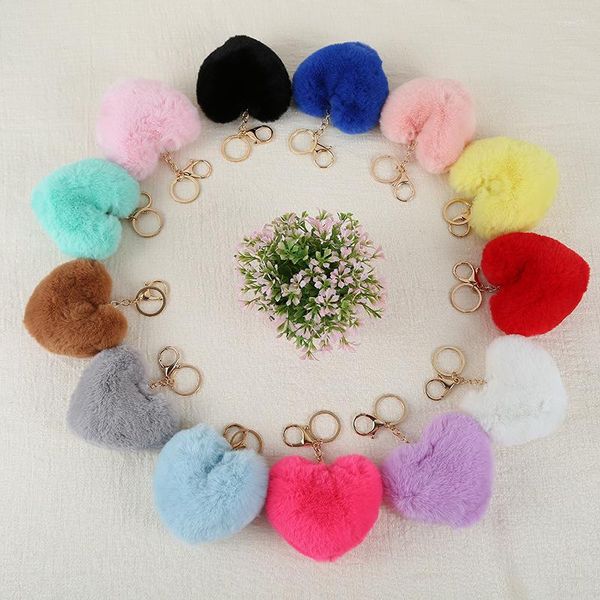 Keychains Heart Heart Faux Fur Ball Pom Chavethain Llavero Pompon Keyring Porte Clef Pompom de Fourrure Bag Charm Women Women Pinging