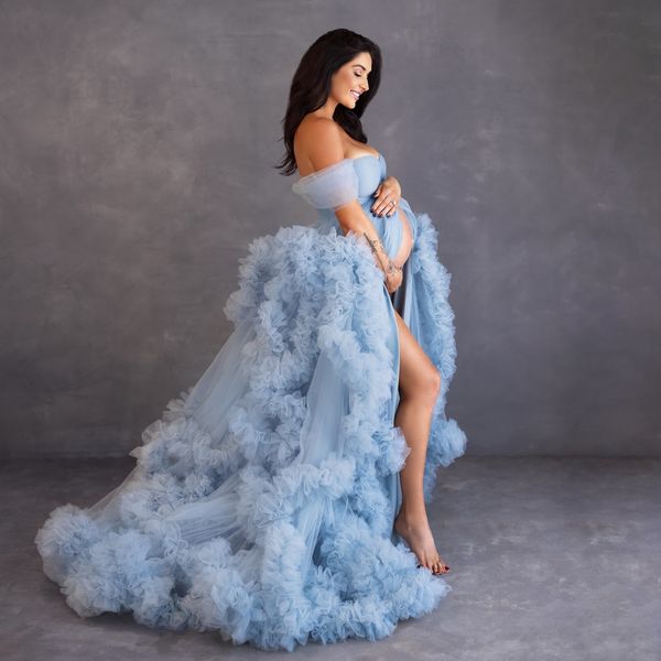 Vestidos de festa PROM BLUE AZUL BLUE para as mulheres grávidas TIERED RUFFLES VIDOS NOVIMENTE DA FRONTAÇÃO DA FRONTA