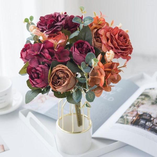 Dekorative Blumen, 5 Bündel, rosa Pfingstrosen-Blumenstrauß, künstlich, hochwertige Heimdekoration, Zubehör, Tischdekoration, Hochzeitsblume