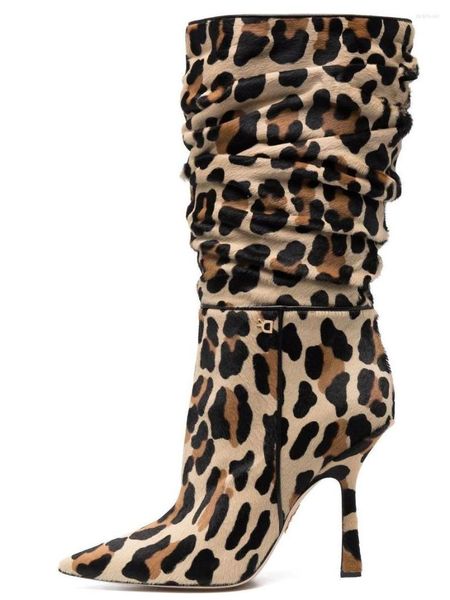 Stiefel für den Winter, spitzer Zehenbereich, Leopardenmuster, mittelhoher Profil, hoher Absatz, Ärmel, seitlicher Reißverschluss, Übergröße für Damen