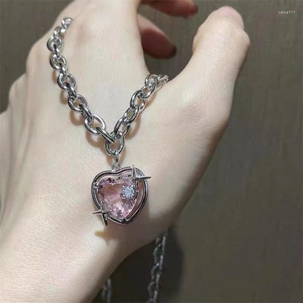 Anhänger Halsketten Koreanische Mode Vintage Rosa Zirkon Liebe Herz Halskette Für Frauen Mädchen Ästhetischen Set Schmuck Y2K Zubehör