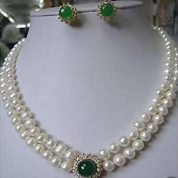 Nuova moda Nuovo set di gioielli set genuino da 8-9 mm per la collana in giada verde perla bianca