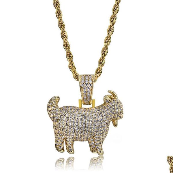 Colares pendentes de colar de animais de cabra brilhante, encantos de colar de animais de cabra para homens para homens Gold Gold Color Color Cubic Zircon Hip Hop Jewelr Dhgarden Dhzqd