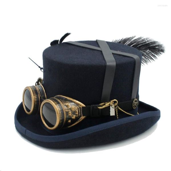 Berets Frauen Männer Wolle Handgemachte Steampunk Zylinder mit Steam Punk Brille Getriebe Feder Fedora Cosplay Party 4 Größe 4 Farbe