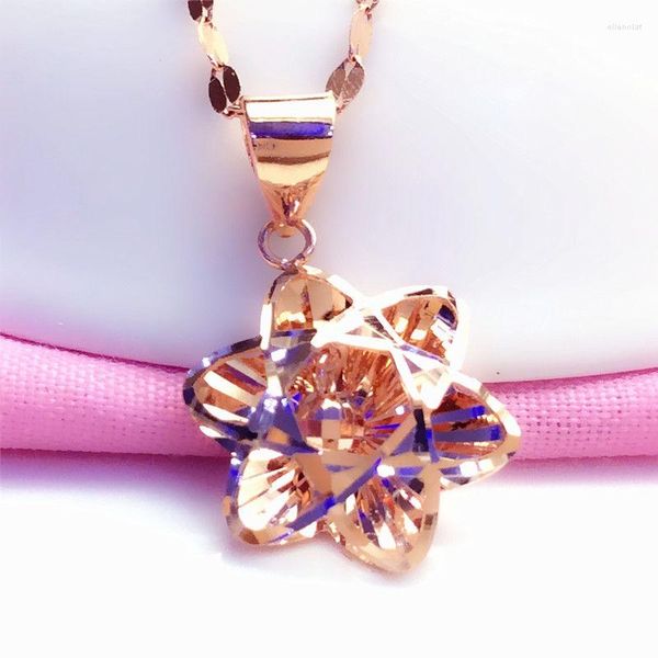 Correntes 585 Purple Gold Plated 14K Rose Shiny Flower Neckalce para mulher Ball Pingente Light Luxury Fashion Wedding Jewelry