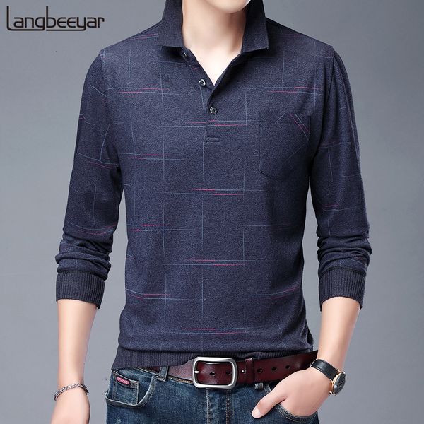 Polos masculinos moda designer marca turn down colarinho homem polo camisa casual xadrez spandex manga longa tops roupas de outono 221128