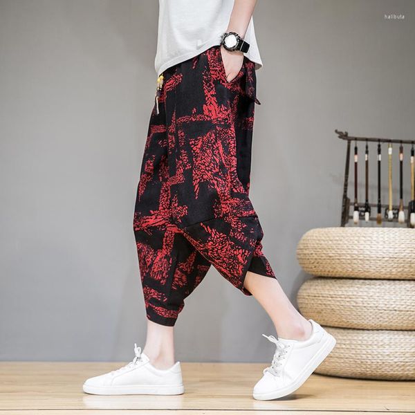 Мужские штаны Мужские мужские широкие промежностные гаремы с большими укороченными брюками с широкологающими цветными цветами в корейском стиле Печатная уличная одежда