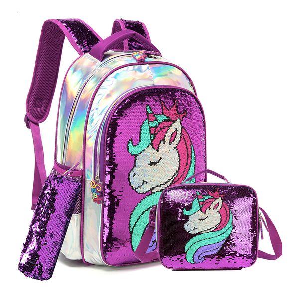 Zaini BIKAB Borsa da scuola con unicorno Set di paillettes bifacciali Leggero materiale per ragazze Kawaii per ragazze 221129