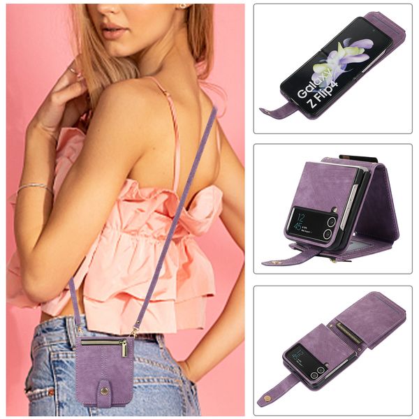 Brieftaschen-Handyhüllen für Samsung Galaxy Z Flip 4/3, multifunktionale, hautähnliche PU-Leder-Flip-Stand-Cover-Hülle mit Reißverschluss, Geldbörse und Schultergurt
