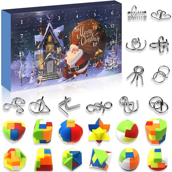 Decorações de Natal Fio de metal do advento do advento e contagem regressiva de quebra -cabeças de plástico com 24pcs Brain Teaser Toy para presente de natal 221130