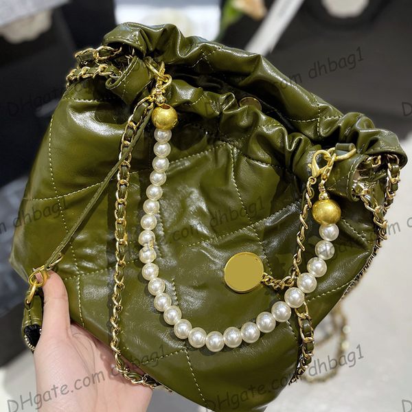 Sacos de calfsina de bezerro feminino 22Shopping Sacos acolchoados Cadeia de pérolas preta verde Cadeia de ouro de metal dourado Matelasse Chain Crossbody Bolsas de ombro Sacoche 25cm