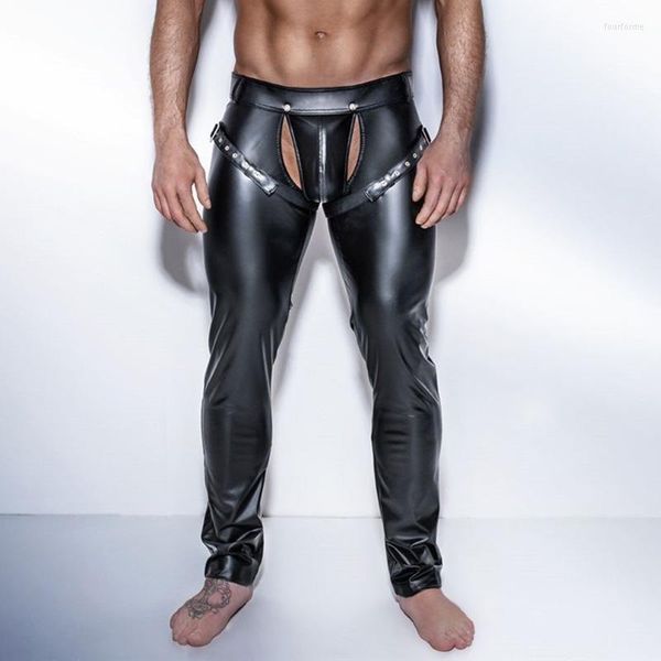 Intimo elasticizzato e modellante per uomo Pantaloni da uomo con apertura sul cavallo PU Leggings in lattice di pelle Fitness Pantaloni a matita Taniec Na Rurze Clubwear Gay Sexy217y