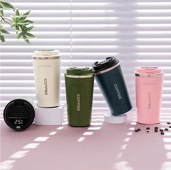 304 Thermos de a￧o inoxid￡vel Thermos de caf￩ Inteligente Canecas de caf￩ garrafas de ￡gua Viajando x￭caras de v￡cuo duplo com fundo de borracha e tampas A0031