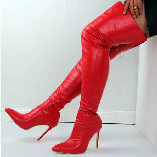 Bottes Nouveau Noir Rouge Cuisse Sexy Talons Hauts Femmes Pu En Cuir Sur Le Genou Femelle Dos Zip Bout Pointu Grande Taille Chaussures 220901