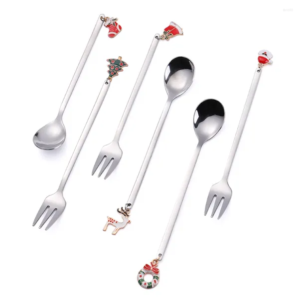 Set di stoviglie 6 pezzi Set di stoviglie di Natale in acciaio inossidabile Cucchiaio da caffè Antipasto Forchetta Albero Campana Renna Corona Calzino Regalo creativo