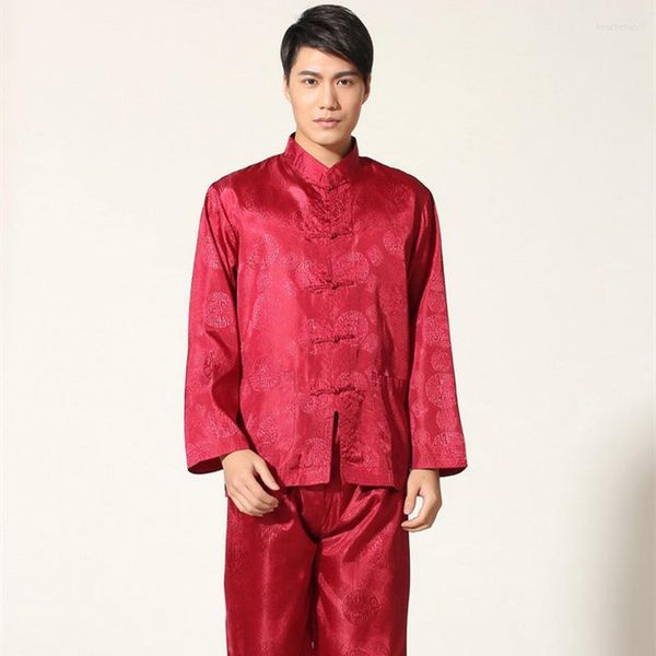 Roupas étnicas cetim homens de manga comprida Tang Suit Retro tangerin Collar Casual Kong fu chineses machos machos de camisa