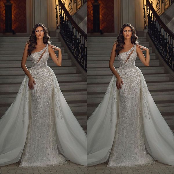 Sparking One ombro Mermaid Vestres de noiva Sexy Lacens Lace Bridal Train destacável ASO EBI Vestido de noiva árabe