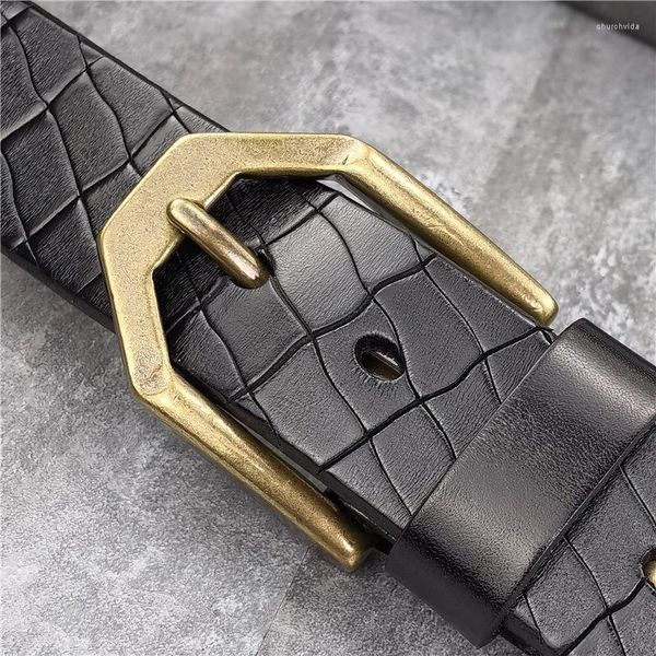 Cinture Pesante Retrò In Ottone Massiccio Spilla Fibbia Della Cintura Carving Top Spessa Designer Uomo Vera Pelle Lusso Alta Qualità Ceinture MBT0611