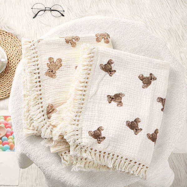 Cobertor de fraldas de musselina para crianças Cobertores de bebê com estampa de urso Recém-nascido Cobertor de recepção Colcha de cama Consolador de bebê de verão L220622