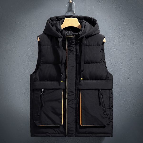 Erkek yelekleri l7xl alet tarzı erkekler kaputlu yelek çıkarılabilir siyah sıcak yelek gevşek erkek ceket moda kolsuz ısıtmalı yastıklı ceket 221130