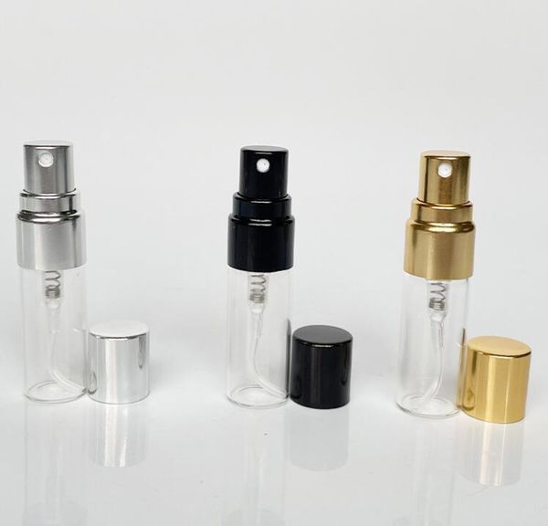 1000 stücke 3ML Reise Nachfüllbare Glas Parfüm Flasche Mit UV Sprayer Kosmetische Pumpe Spray Zerstäuber Silber Schwarz Gold Kappe