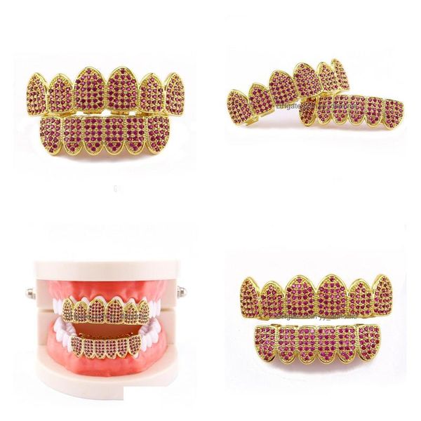 Grillz Griglie dentali Hip Hop Grillz dorato Diamanti cromatici Griglie dentali Viola Placcato oro reale Moda Cool Rapper Gioiello per il corpo Dhpvs