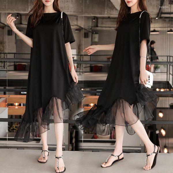 Vestidos de festa 2022 Verão solto de rua casual e casual vestido irregular coreano simples preto redondo pescoço feminino camiseta