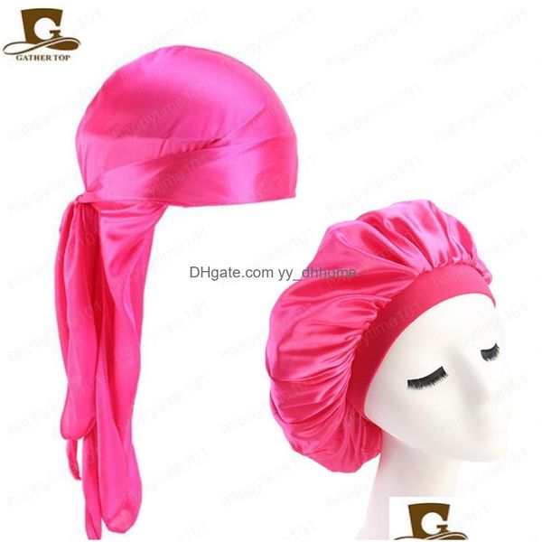 Beanie/Skull Caps Unisex Silky Durag Long Tail and Wide Straps Waves For Men Solid Doo Rag Bonnet Cap Confortevole Slee Hat Drop Deli Dhzso