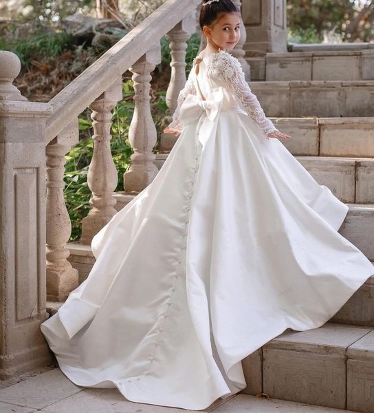 Flower Girl Dress для детей роскошная принцесса белое атласное платье с длинным рукавом кружево с носовой свадьбой вечерняя вечеринка